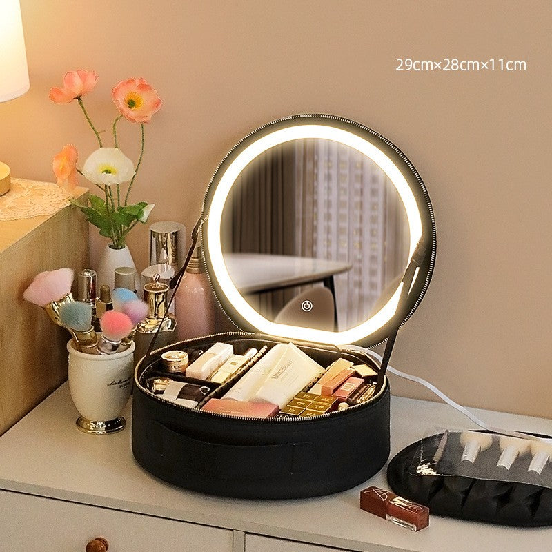 Bolsa de maquillaje LED inteligente redonda con luces de espejo